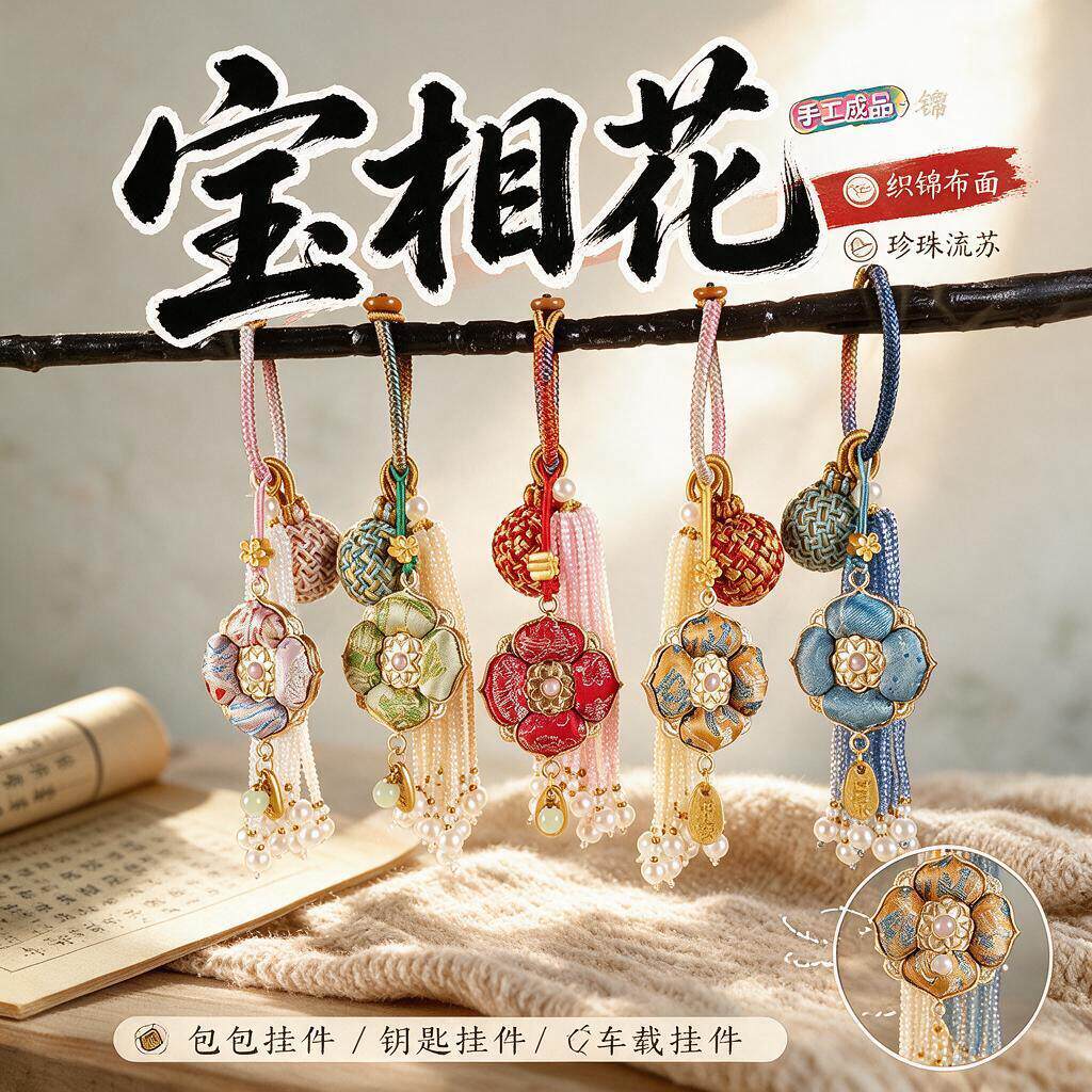 宋锦挂件宝相花四叶草有球必应流苏包挂车挂钥匙扣国风中秋节礼物