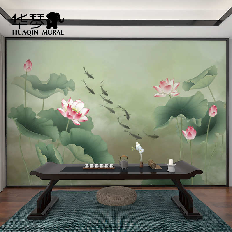新中式九鱼荷花背景墙壁纸客厅卧室茶室古风禅意墙纸墙布壁画定制
