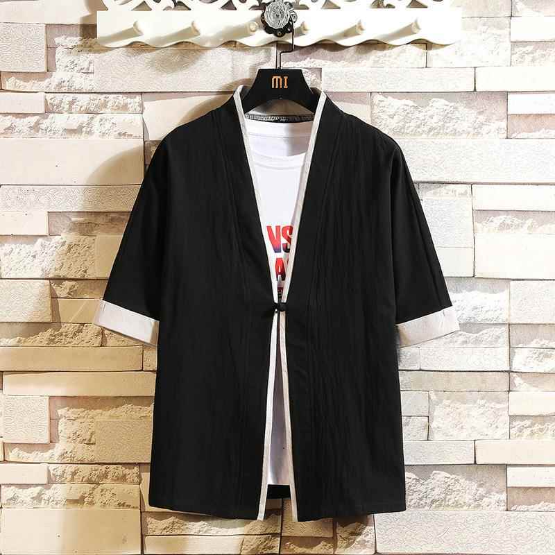 men shirt sleeve mid collar stand linen cotton shirt sleeve