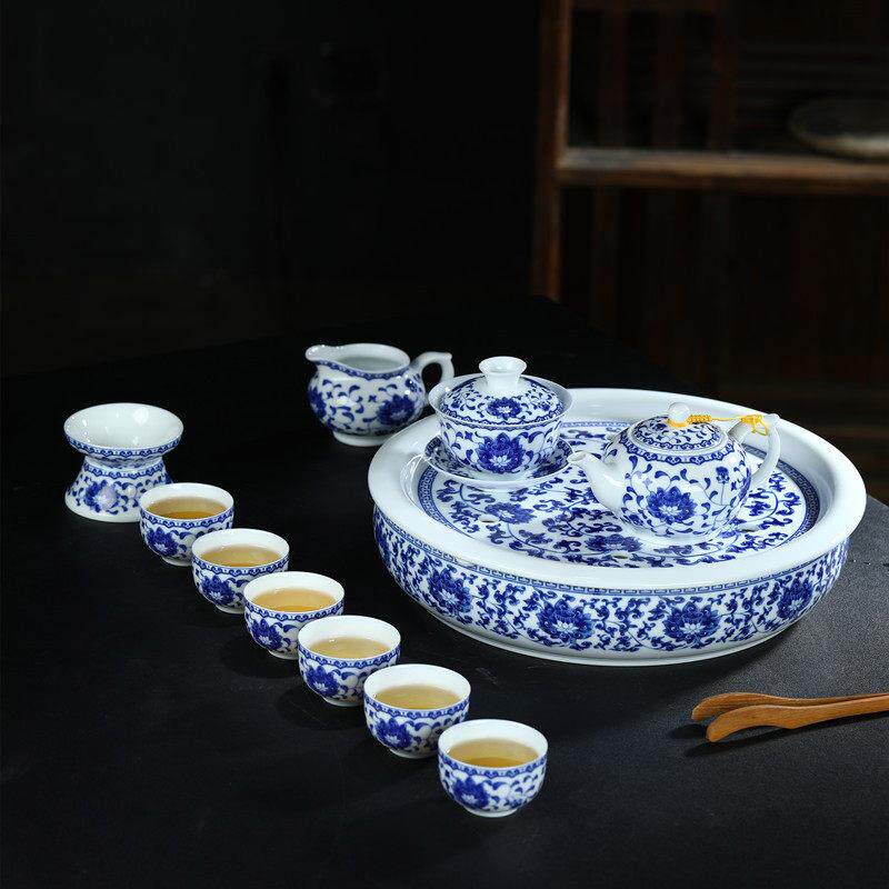 景德镇青花瓷功夫茶具套装中式覆古风陶瓷茶杯茶壶茶盘礼盒装整套