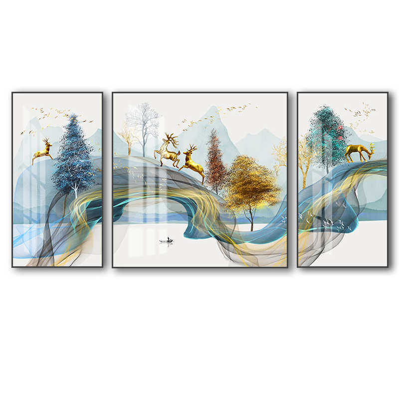 北欧风格装饰画现代简约墙画客厅壁画沙发背景墙麋鹿挂画三联画