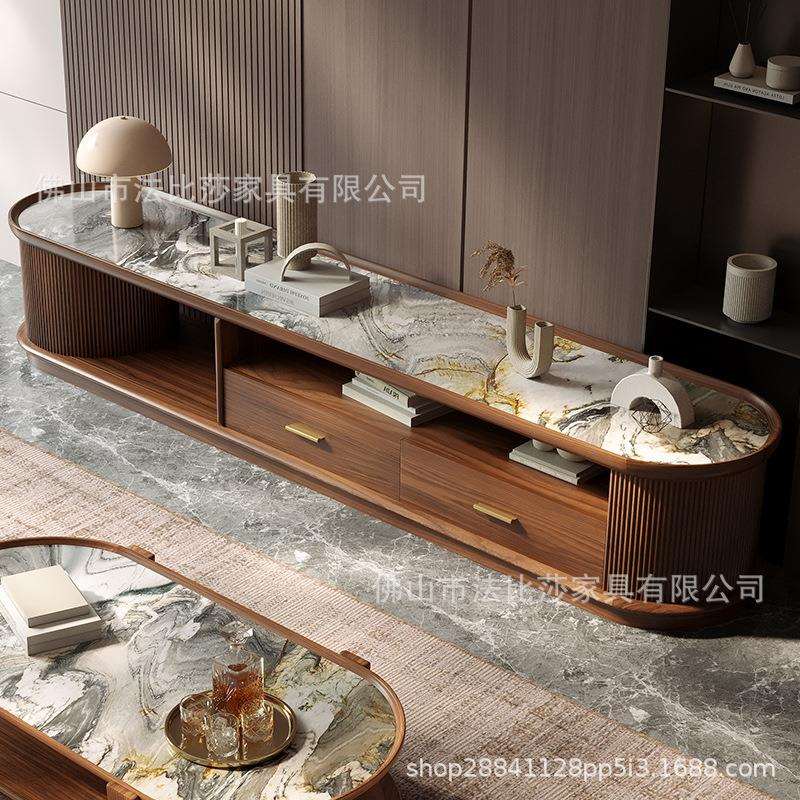 新中式乌金木实木茶几电视柜客厅家用椭圆形小户型中古黑胡桃色