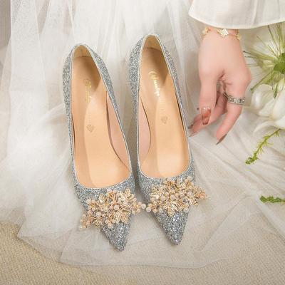 高跟鞋水晶婚鞋金色婚纱浅口单鞋