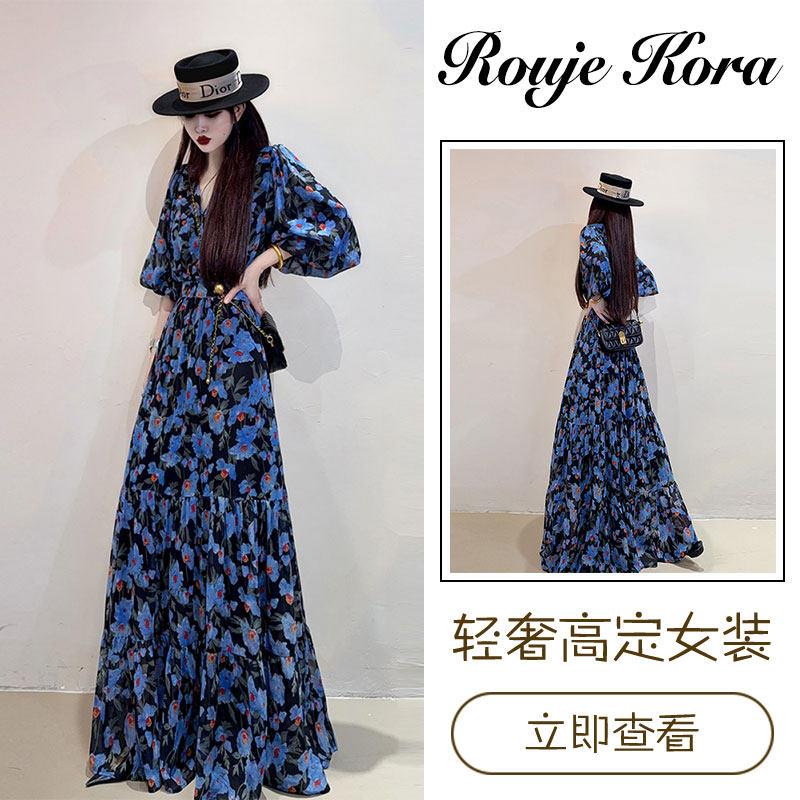 Rouje Kora法式雪纺印花连衣裙女夏季收腰显瘦长裙加长及踝A字裙