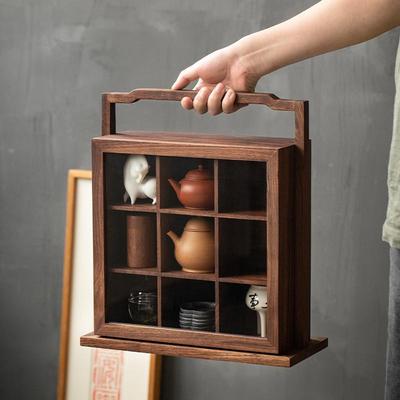 黑胡桃木新中式带门多宝阁实木家用小型博古架茶杯茶具收纳展示架