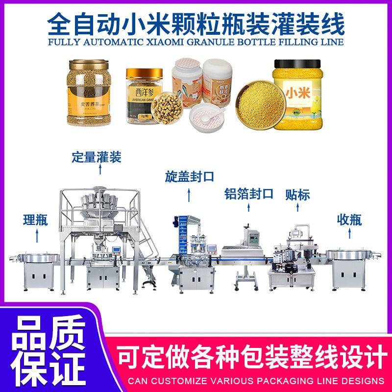 全自动装灌装生产线理定量灌装旋盖封口铝箔封口贴标收一体