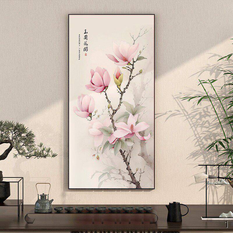中国风玄关画牡丹装饰画民宿挂画竖中式茶馆布置壁画百合桂花国画