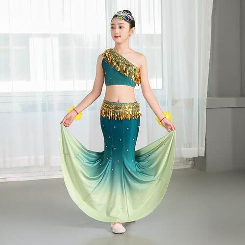 高档新儿童傣族舞包蹈出服女童傣族孔雀舞臀鱼演尾裙少儿款优质表