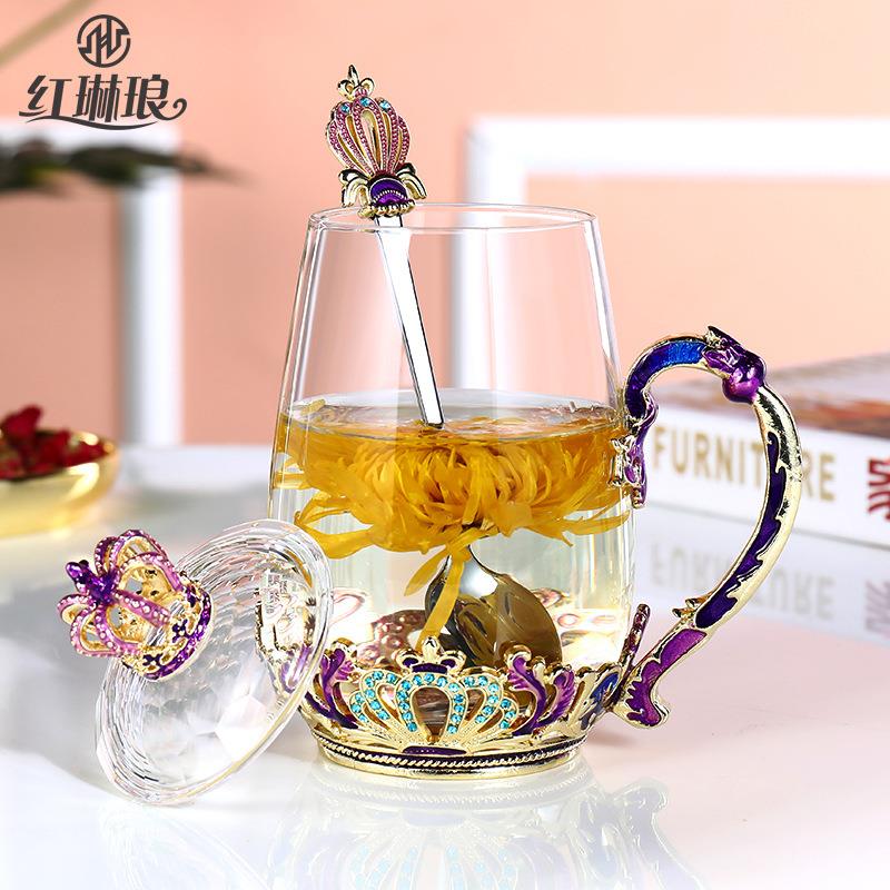 珐琅彩水晶玻璃水杯耐热泡花茶杯子带盖带把办公室男女士皇冠茶杯