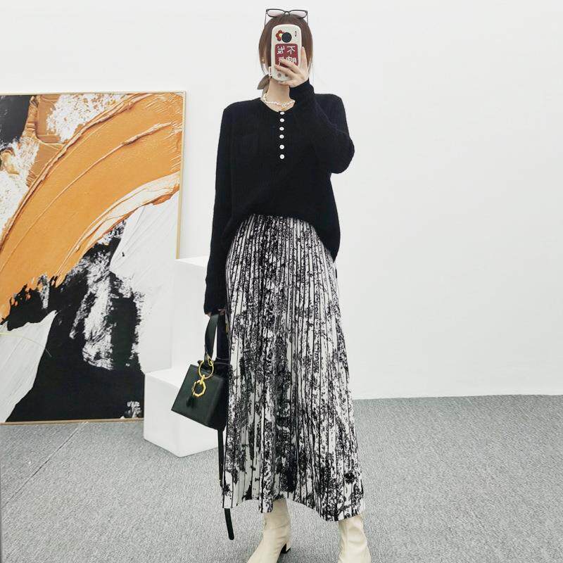 新澳纱线16针可机洗精仿羊毛水墨画百褶裙A版百搭伞裙女文艺复古