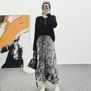 百搭伞裙女文艺复古 新澳纱线16针可机洗精仿羊毛水墨画百褶裙A版