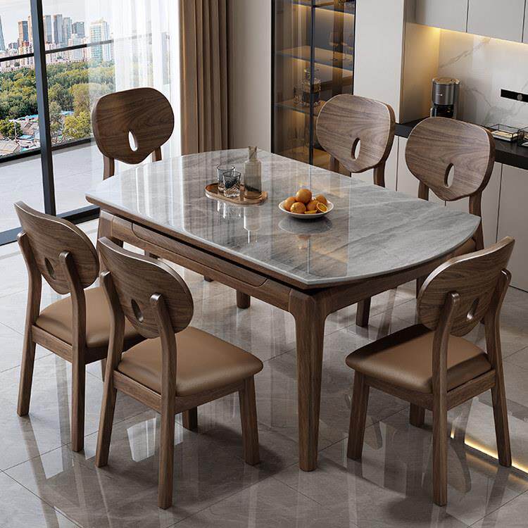 北美黑胡桃木岩板实木餐桌椅组合可伸缩家用小户型折叠可变圆桌子