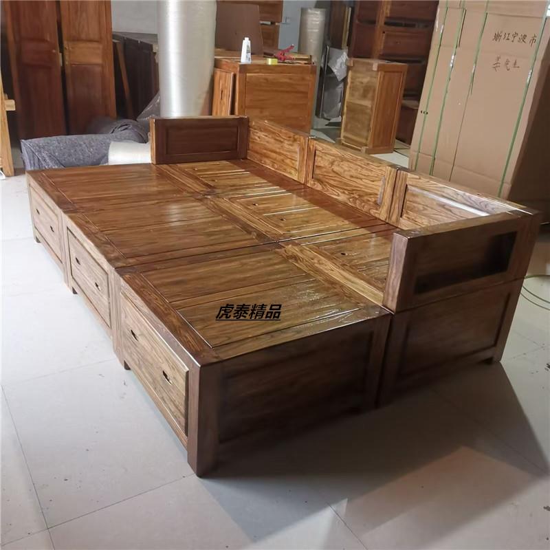老榆木床全实木落地式榻榻米高箱体储物双人卯榫组合主卧室家具床