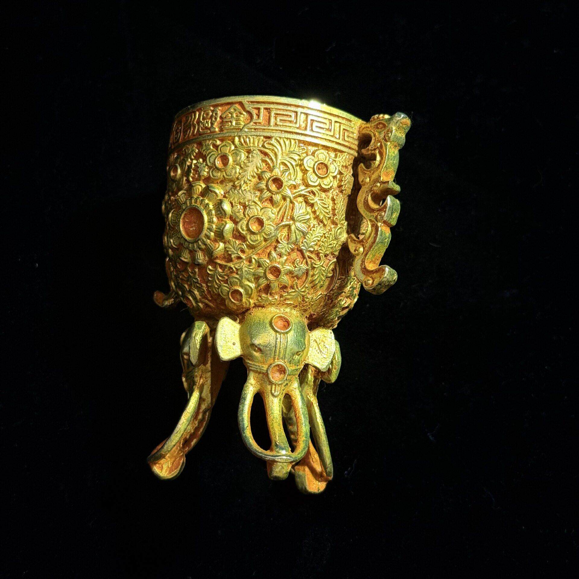 仿古做旧象足鎏金酒尊工艺品摆件酒杯桌面装饰品