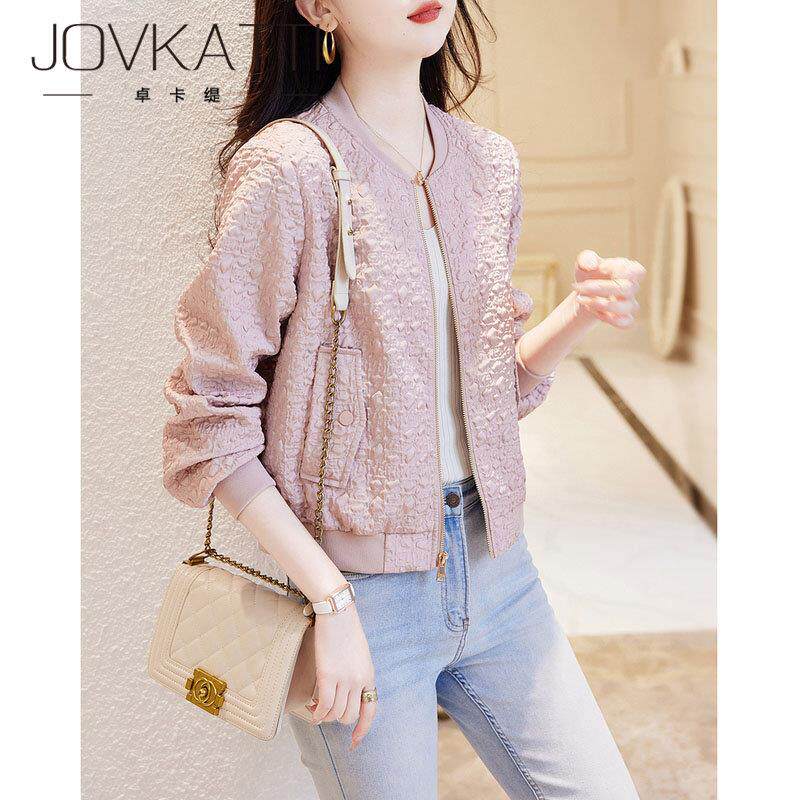 JOVKATTI2025秋季通勤棒球领休闲 短款外套女肌理感夹克开 衫上衣