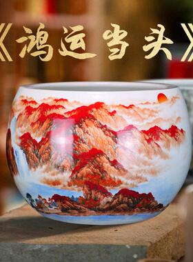 景德镇大号聚宝盆《鸿运当头》手绘聚宝盆办公室家居摆饰送五帝钱