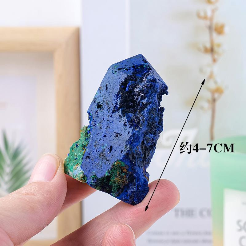 天然水晶蓝铜矿四面柱原石矿标打磨蓝铜矿孔雀石共生石水晶柱摆件