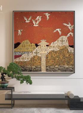 新中式红色复古风仙鹤禅意书房卧室玄关客厅装饰画壁画方形挂画