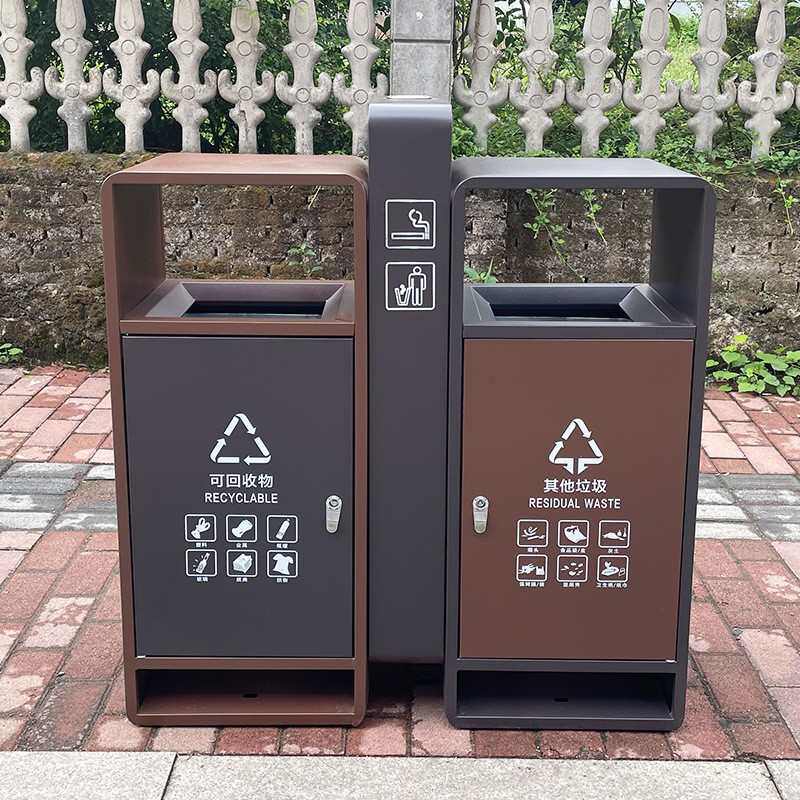 广州高档景区不锈钢邮学校垃圾桶镀锌板咖啡色包市政桶箱果壳小区