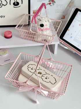 ins少女心桌面收纳篮迷你购物篮可爱粉色蝴蝶结铁艺摆件装饰道具
