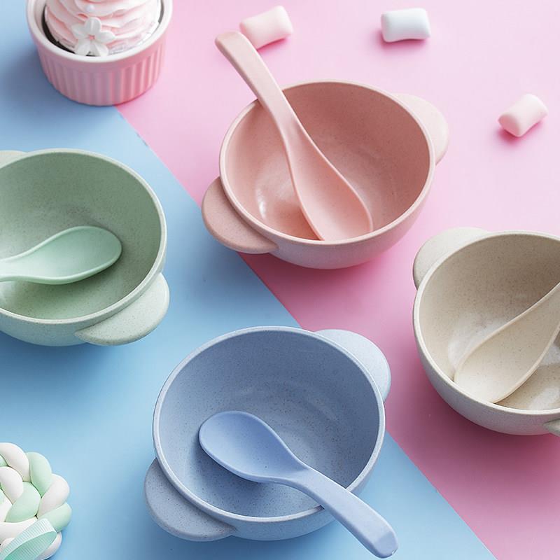 小麦秸秆儿童小碗宝宝辅食碗小孩碗防摔可爱婴儿吃饭碗家用双耳碗