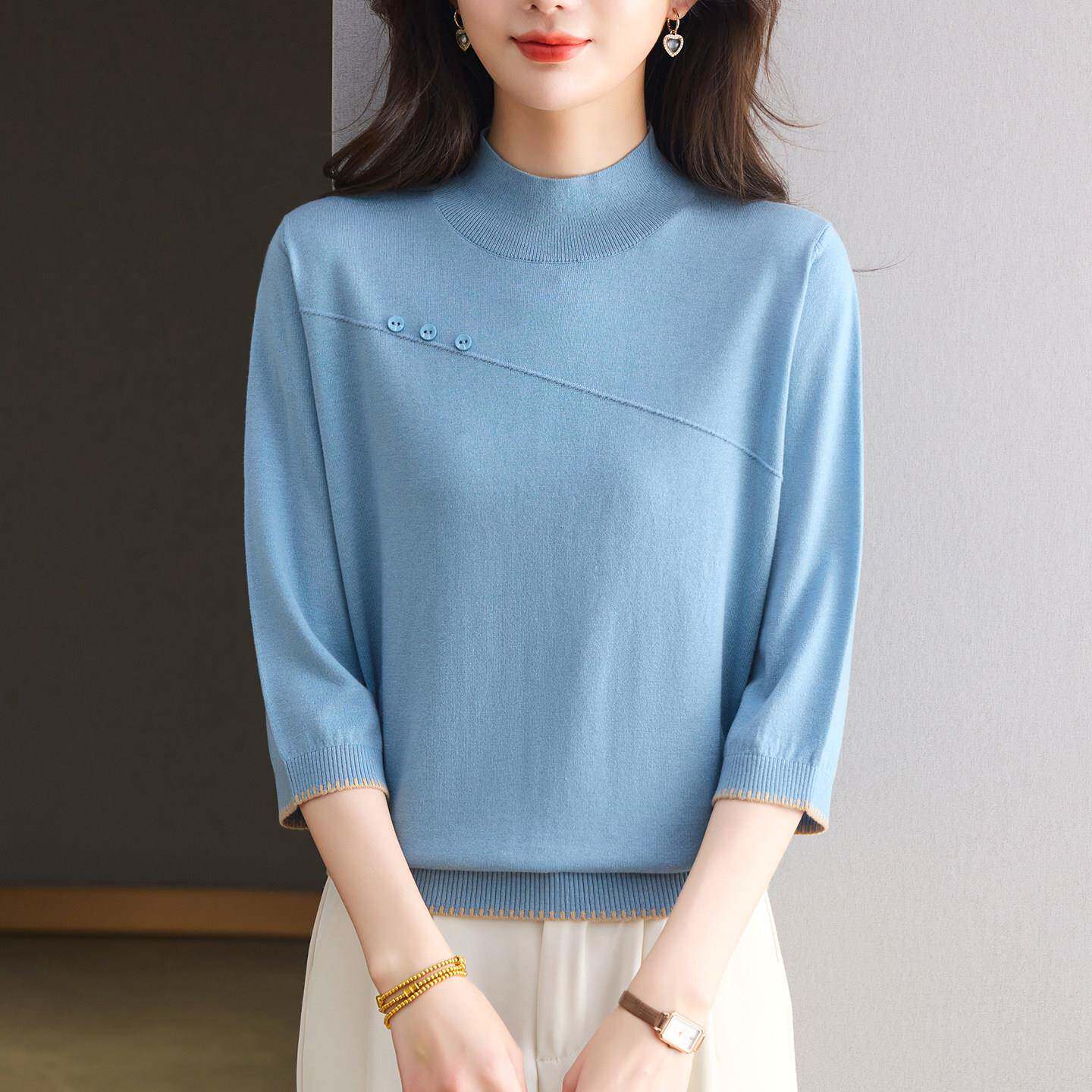 半高领七分袖针织衫女薄款春季新款宽松洋气妈妈羊毛打底衫上衣