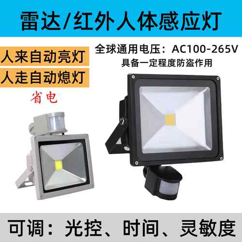 led雷达人体感应灯户外家用庭院智能自动超亮220v监控防水投光灯