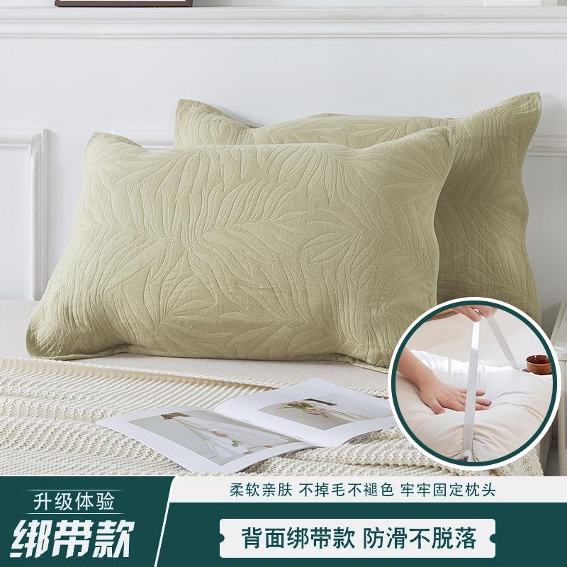 新款纯棉素色纱布枕巾绑带固定防脱落家用高档枕头盖巾柔软亲肤