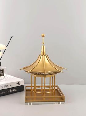 新中式禅意金属建筑凉亭桌面装饰摆件客厅书房玄关酒店家居装饰品