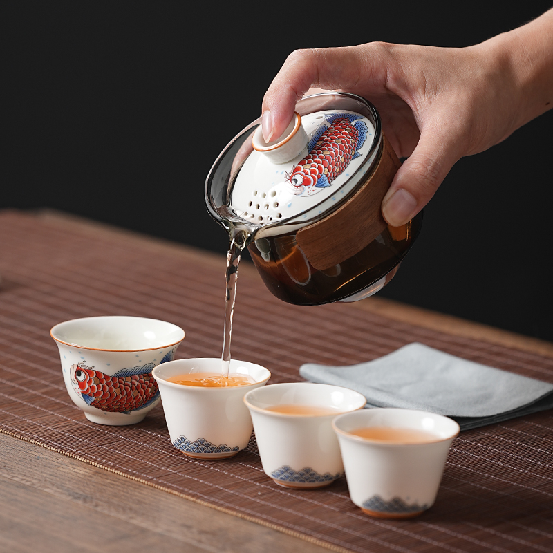 高档陶瓷旅行茶具户外便携一壶4杯快客杯玻璃泡茶壶创意锦鲤茶具