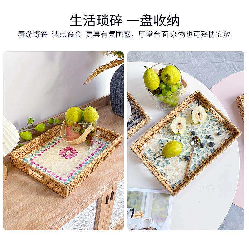 家藤编贝壳彩色厅收纳轻方形IZW用客厅奢高级灰果篮糖果餐百合花
