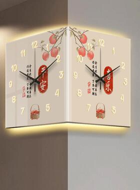 双面转角挂钟三维立体餐厅拐角时钟装饰挂墙上免打孔静音灯阳角钟