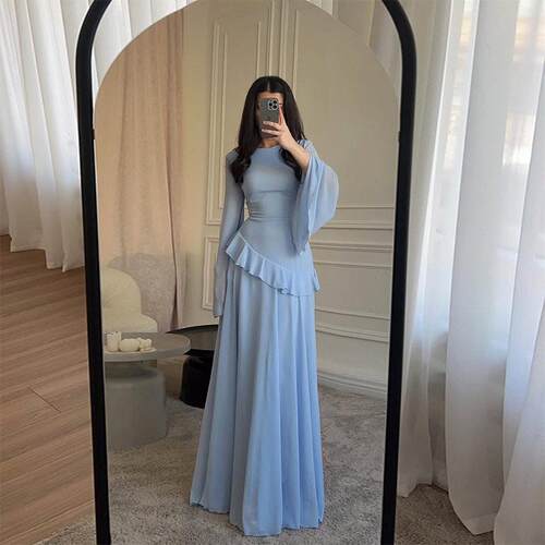 Round Neck Fitted Ruffle Dress Sleeve Spring Fall Plain
