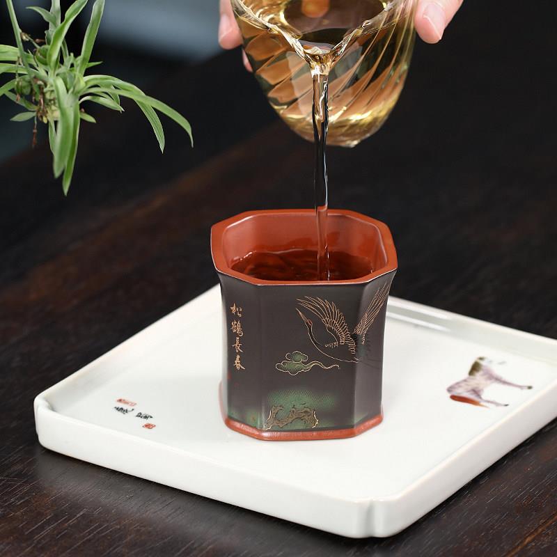 宜兴紫砂品茗杯功夫茶杯纯手工刻绘松鹤主人杯个人专用茶盏茶碗