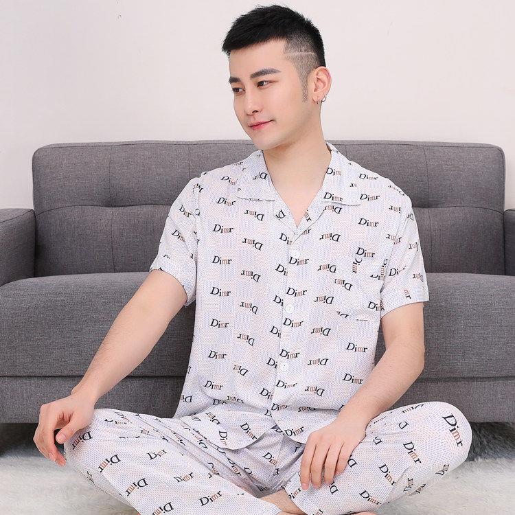 夏季棉绸男士睡衣短袖长裤薄款人造棉中青年男家居服休闲套装绵绸
