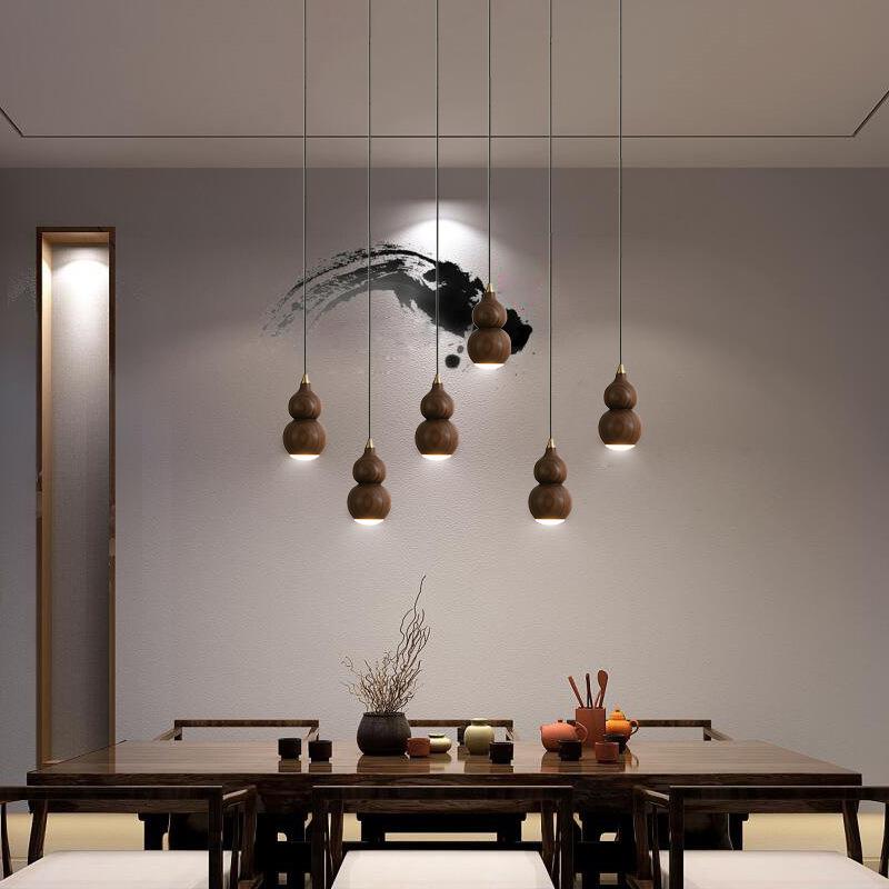 餐厅吊灯新中式胡桃木葫芦吊灯约简现代茶饭厅台吧室灯具全铜轻奢