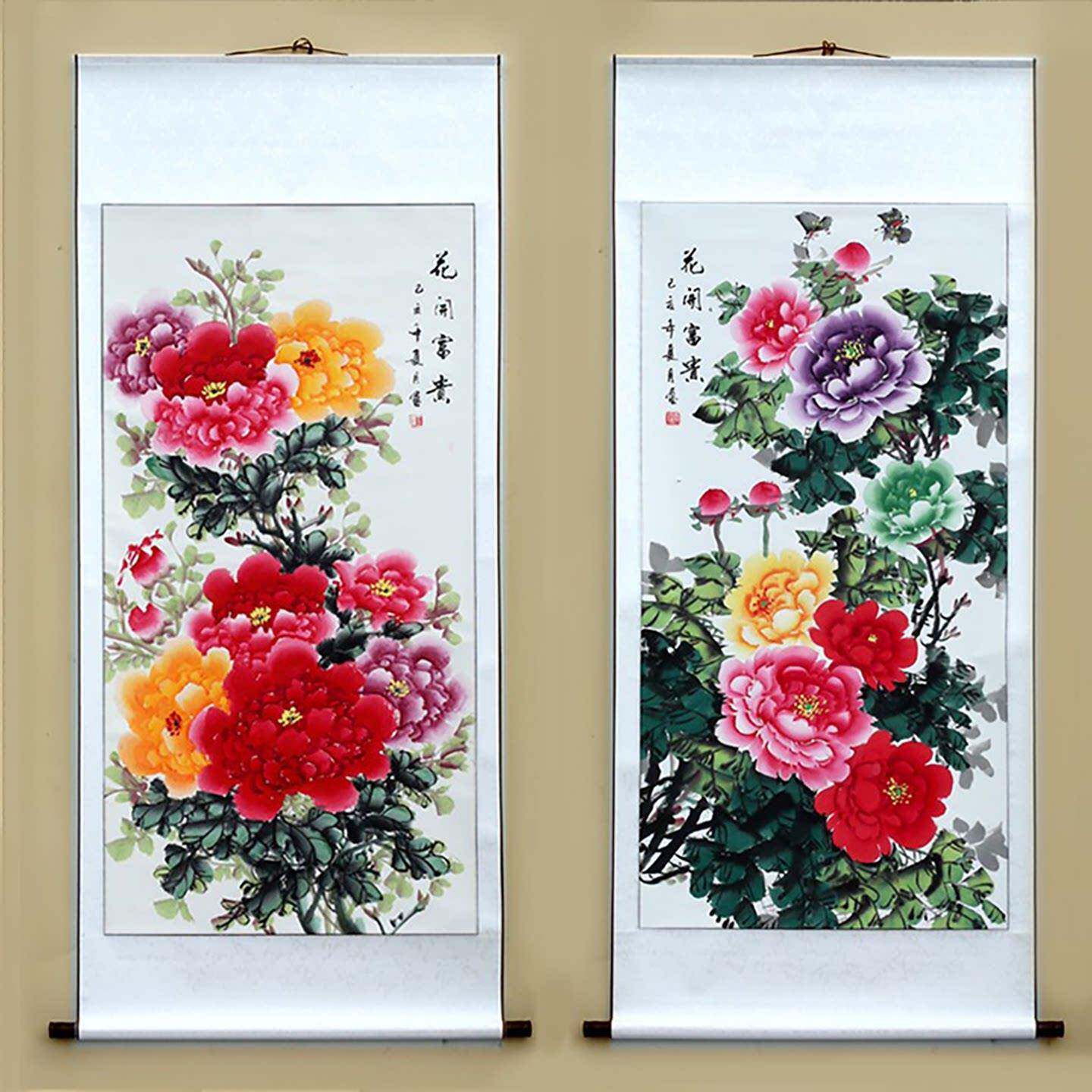 纯手绘国画 画花开 富贵牡丹客厅玄关装饰画 画中式中堂竖轴挂画