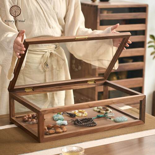 黑胡桃木首饰盒家用实木玻璃大号翻盖盒子文玩首饰茶具收纳盒高档