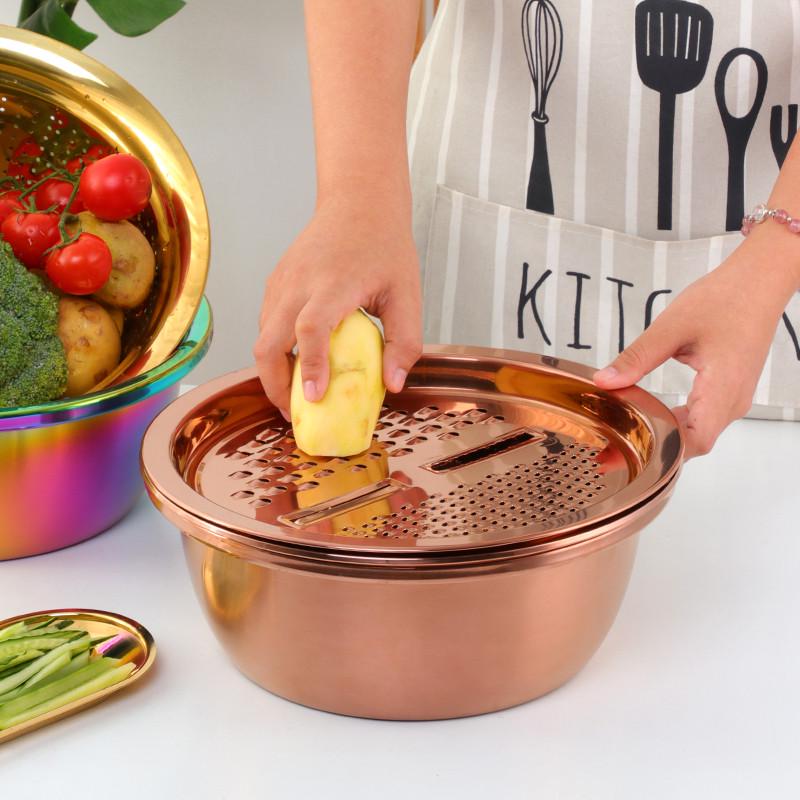加厚不锈钢盆擦丝三件套家用大号洗菜淘米盆厨房沥水盆擦片刨丝器
