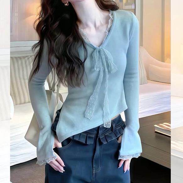 潮牌韩系蓝色v领绑带蕾丝拼接针织衫上衣女新款设计感纯欲长袖t恤
