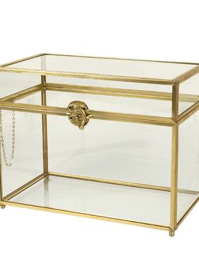 长方形玻璃盒子铜鼻子收纳盒玻璃透明首饰盒黄铜玻璃工艺品