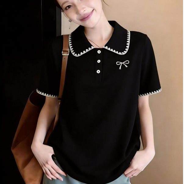 潮牌简约黑色娃娃领蝴蝶结正肩短袖T恤女款新款大码宽松减龄上衣