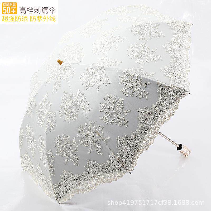高档蕾丝刺绣复古黑胶防紫外线防晒太阳伞雨伞女晴雨两用遮阳公主
