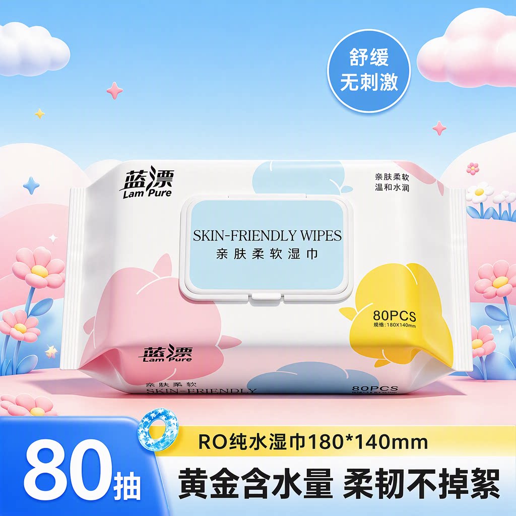 蓝漂亲肤柔软湿巾1包80抽温和水润RO纯水珍珠纹家用清洁湿纸巾