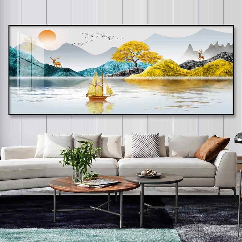 客厅装饰画大气山水画横版新中式沙发背景墙挂画挂画轻奢晶瓷画壁