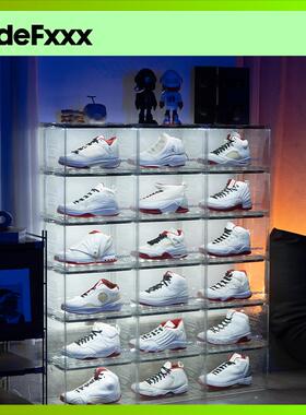 HideFxxx声控灯光鞋盒PET透明球鞋收纳盒LED发光展示墙柜可放54码