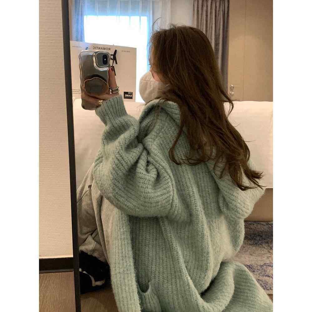 韩国2025冬新款中长款羊毛加厚毛衣外套女慵懒风宽松保暖针织开衫