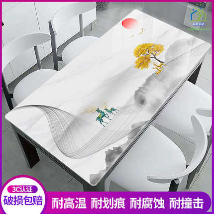 彩绘钢化玻璃桌面定做餐桌茶几茶台方形圆形异形彩绘图案花纹烤漆