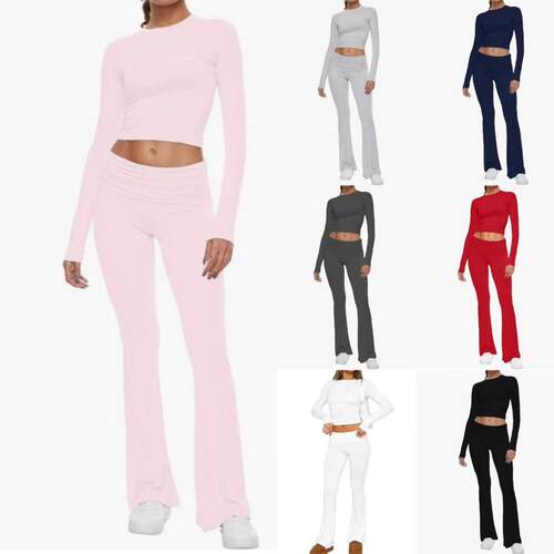 Women's round neck short tight low waist flared pants set