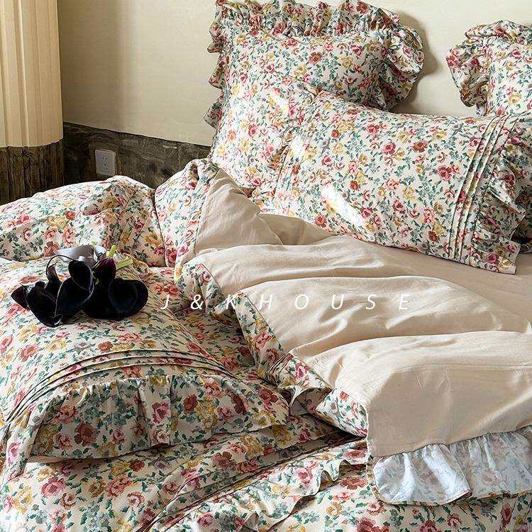 Girlish|韩式田园60支水洗棉床上四件套纯棉全棉法式床品花边印花